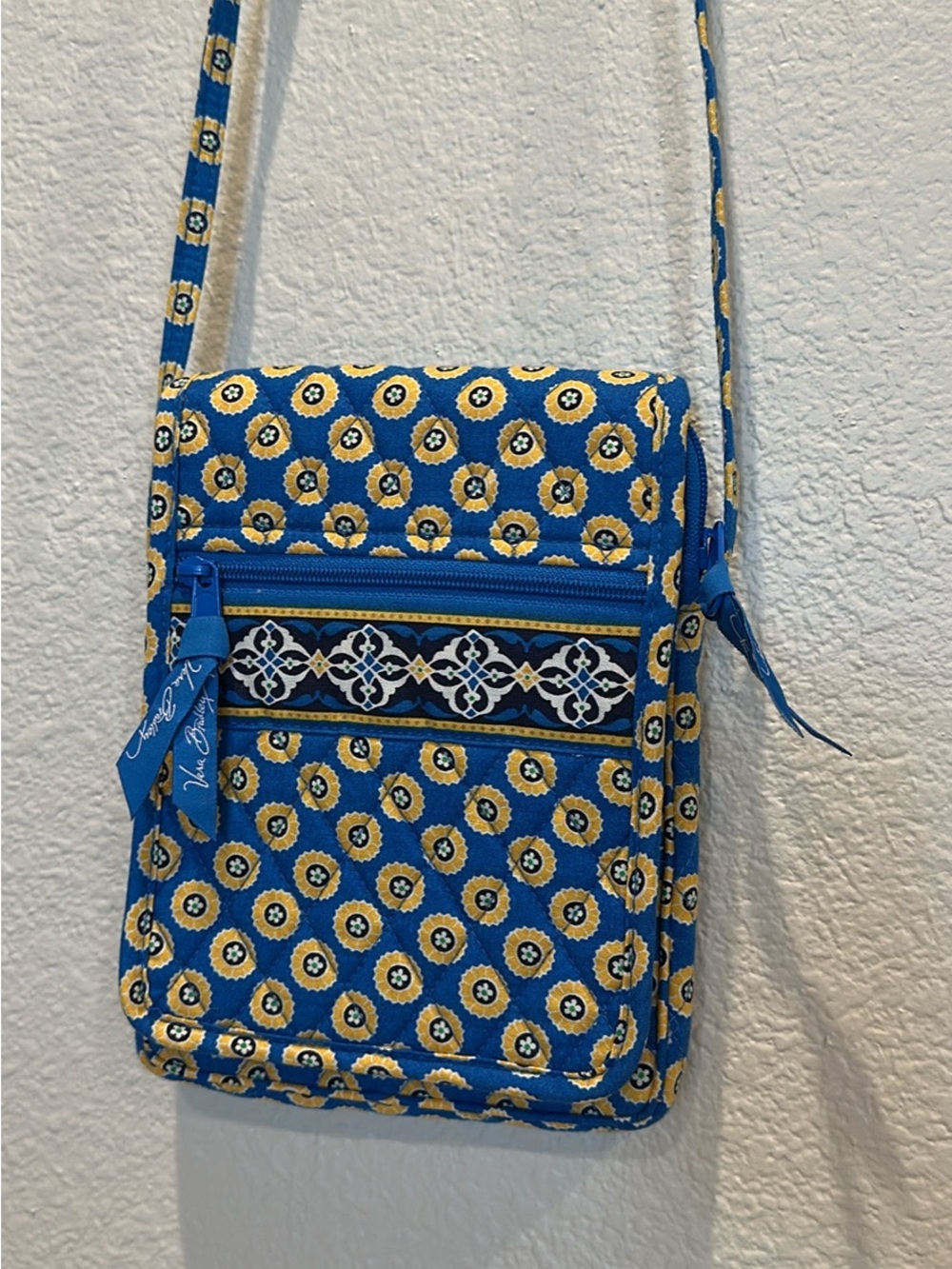 Vera Bradley Blue and Yellow Quilted mini hipster Crossbody Bag in Riviera Blue